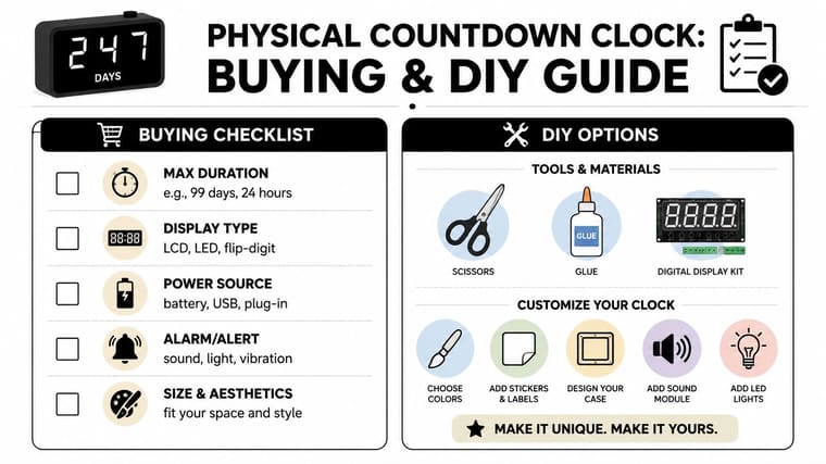 An infographic showing a guide for buying and building a DIY physical countdown clock for countdown tracking.