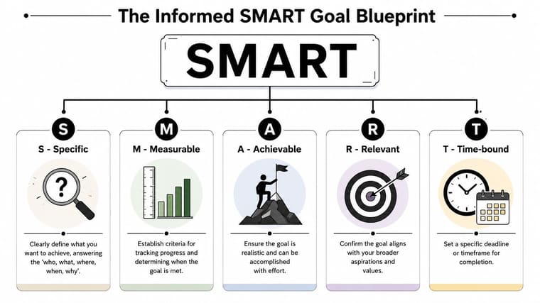 A diagram illustrating the SMART goal setting framework featuring specific steps for achieving personal and professional goals.