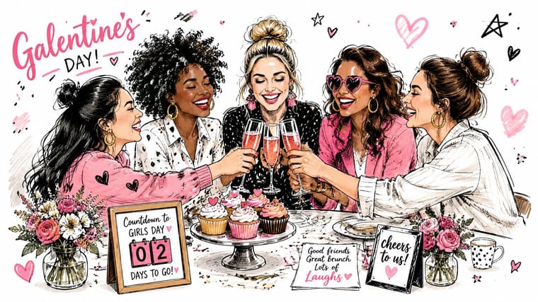 A group of five diverse female friends laughing and cheering with glasses at a celebratory brunch table.