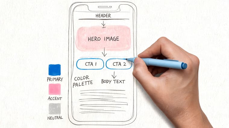 A hand sketching a mobile app UI design layout with a color palette showing primary, accent, and neutral colors.