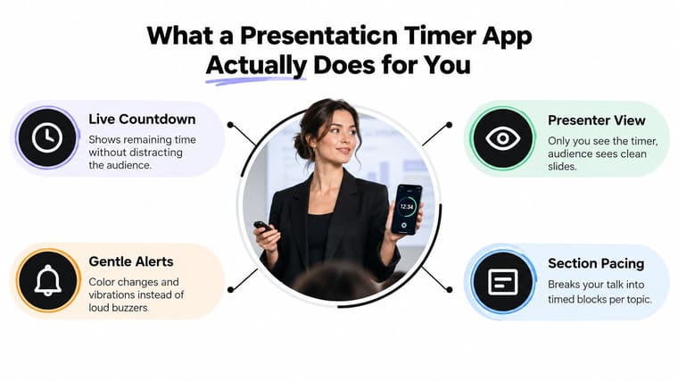 A professional woman presenting to an audience while using a presentation timer app on her smartphone.