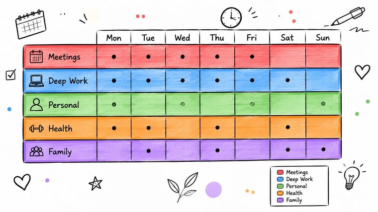 A colorful hand-drawn weekly habit tracker chart with categories for meetings, deep work, personal, health, and family.