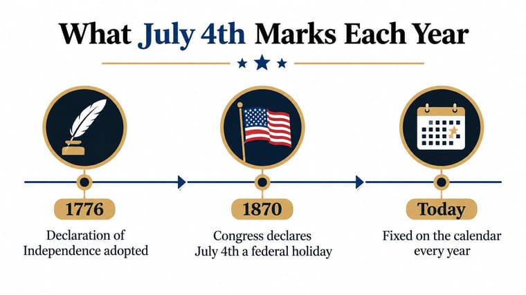 A timeline graphic illustrating the historical significance of July 4th, starting from 1776 to the present day.
