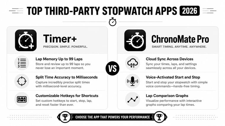 A hand-drawn comparison chart of top stopwatch apps for 2026, showing their features, compatibility, and pricing in a sketch style.