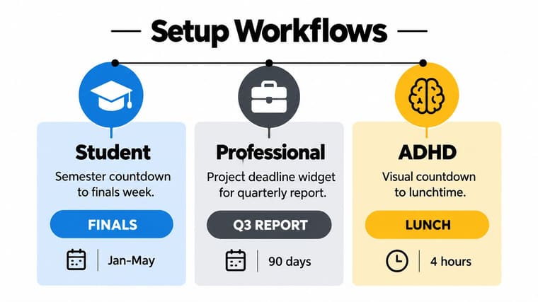 A graphic illustration demonstrating three different setup workflows for student, professional, and ADHD time management widgets.