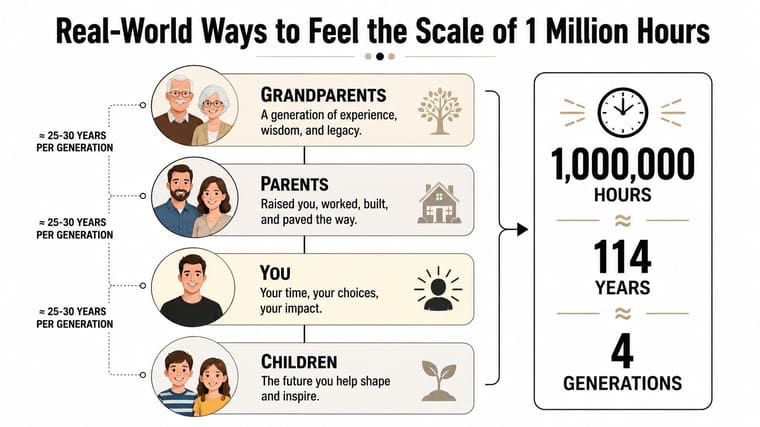 An infographic visualizing 1,000,000 hours as approximately 114 years or four human generations.