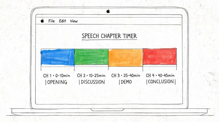 A hand-drawn sketch of a laptop screen displaying a colorful speech chapter timer timeline illustration.