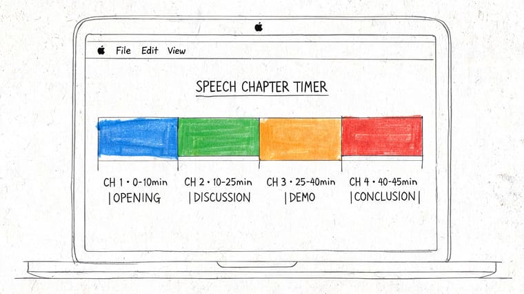 A hand-drawn sketch of a laptop screen displaying a colorful speech chapter timer timeline illustration.