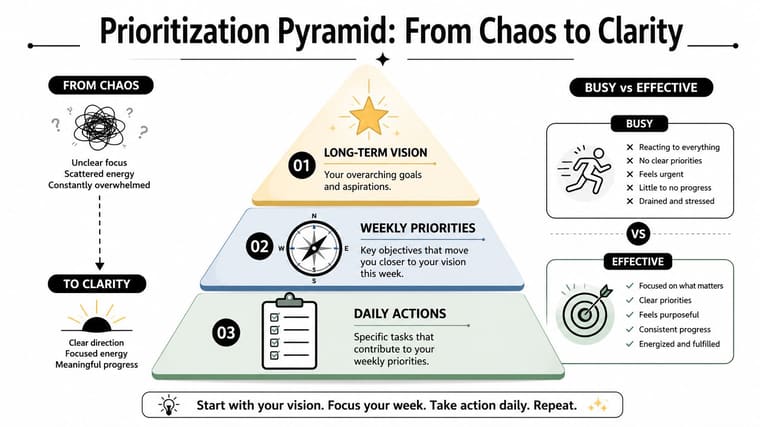A hierarchical pyramid diagram illustrating a time management strategy from long-term vision to daily actions.
