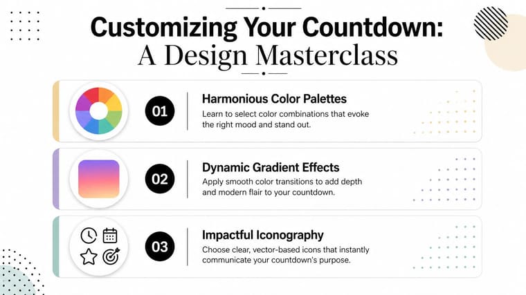 A graphic design masterclass slide explaining how to customize countdown clocks with colors, gradients, and icons.