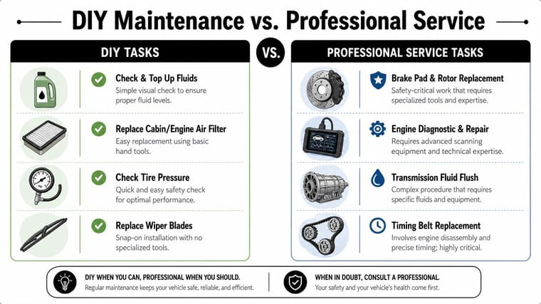 An infographic comparing simple DIY car maintenance tasks with more complex professional automotive service requirements.