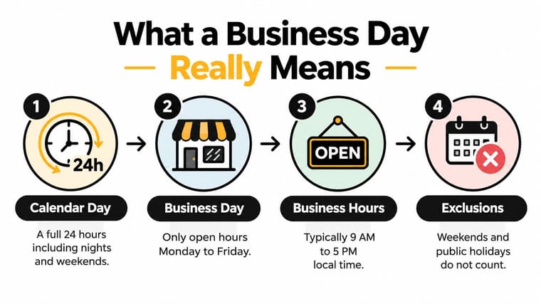 An infographic defining the differences between calendar days, business days, business hours, and public holidays.