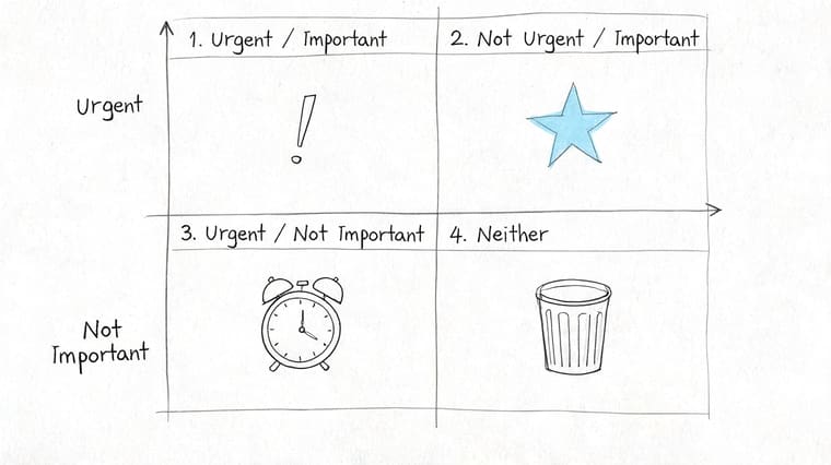 A hand-drawn Eisenhower Matrix chart illustrating four quadrants for categorizing tasks based on urgency and importance.