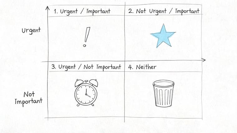 A hand-drawn Eisenhower Matrix chart illustrating four quadrants for categorizing tasks based on urgency and importance.