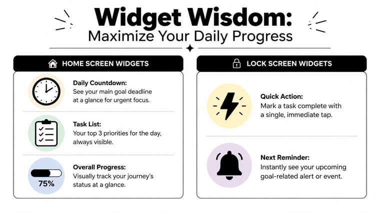 An infographic displaying various phone widgets for tracking daily goals and tasks on home and lock screens.