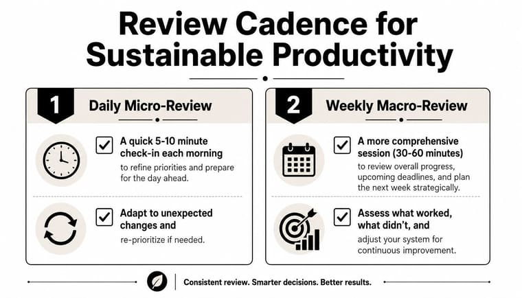 An infographic showing a two-step productivity review cadence including daily micro-reviews and weekly macro-reviews.