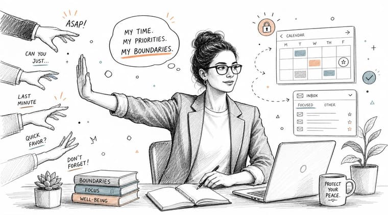 A professional woman setting boundaries at her desk by declining external requests to protect her time.