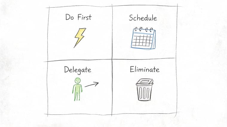 A hand-drawn Eisenhower matrix showing four quadrants labeled Do First, Schedule, Delegate, and Eliminate with icons.