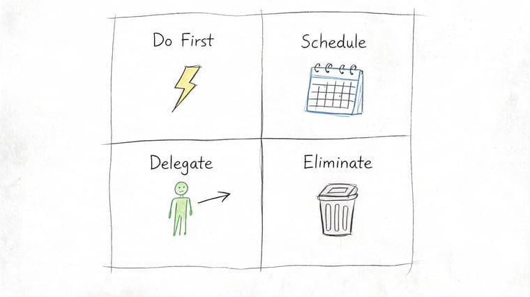 A hand-drawn Eisenhower matrix showing four quadrants labeled Do First, Schedule, Delegate, and Eliminate with icons.