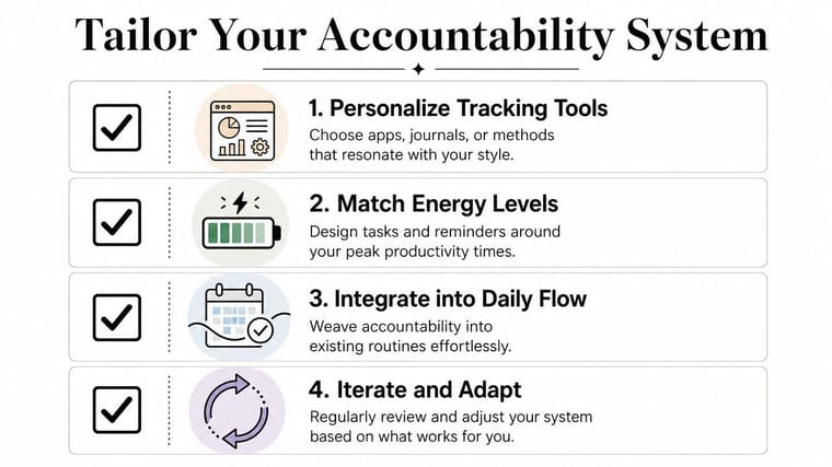 A four-step infographic illustrating how to tailor your personal accountability system for improved productivity.