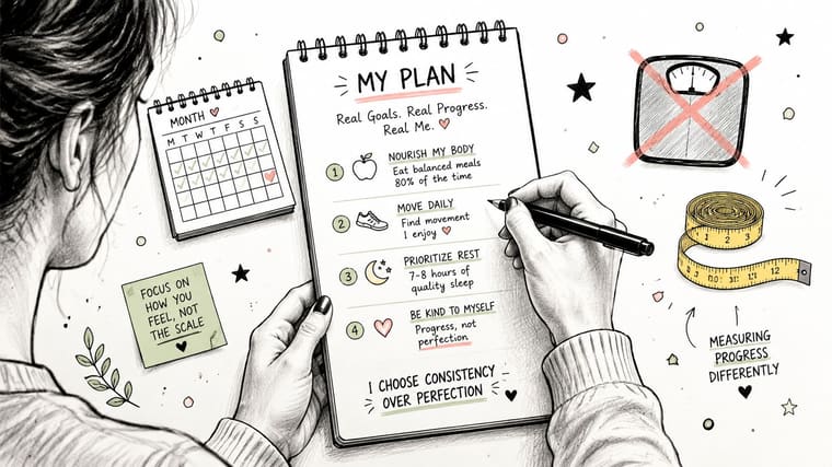 A hand-drawn sketch of a person planning healthy lifestyle habits in a notebook, prioritizing self-care over scale weight.