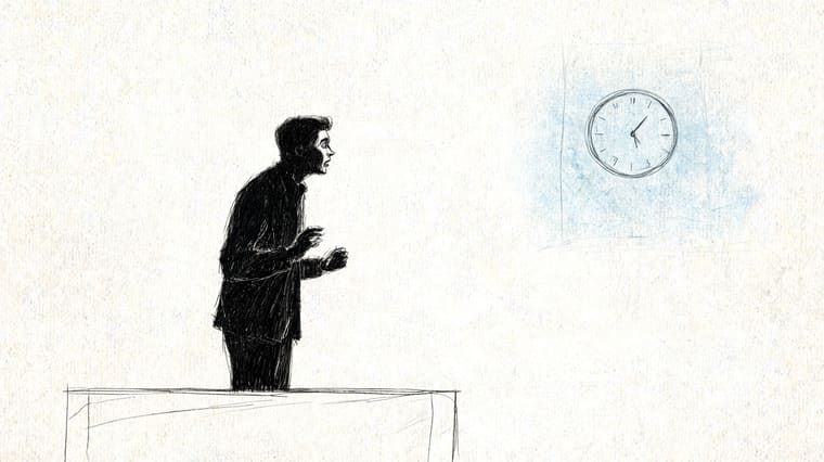A sketched man looking anxiously at a clock on the wall while standing behind a podium.