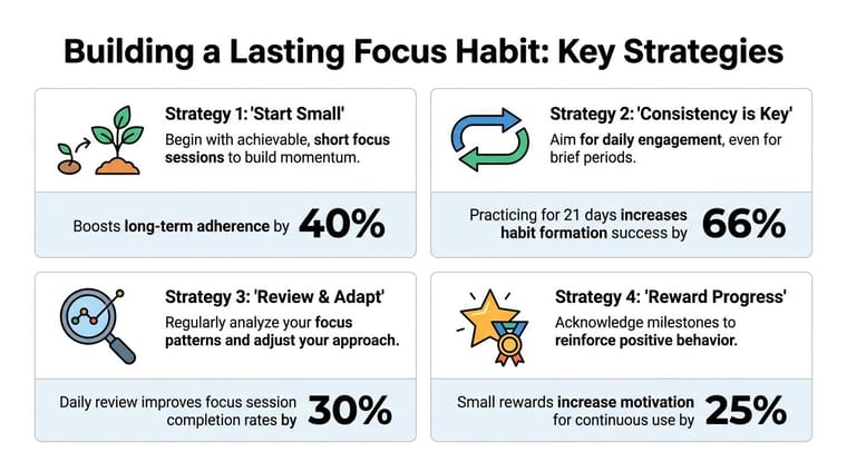 An infographic titled Building a Lasting Focus Habit outlining four key strategies with corresponding percentage success rates.