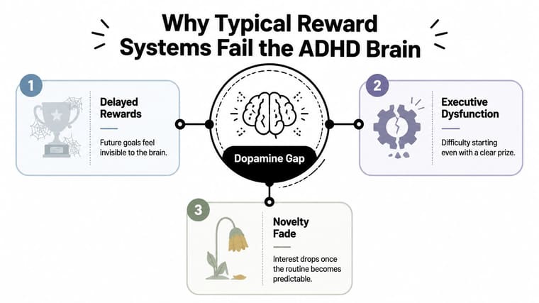An infographic titled Why Typical Reward Systems Fail the ADHD Brain, highlighting dopamine gaps, delayed rewards, executive dysfunction, and novelty fade.