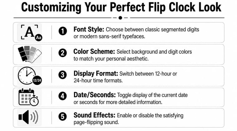 A list of five customization options for a digital flip clock screensaver displayed with icons.