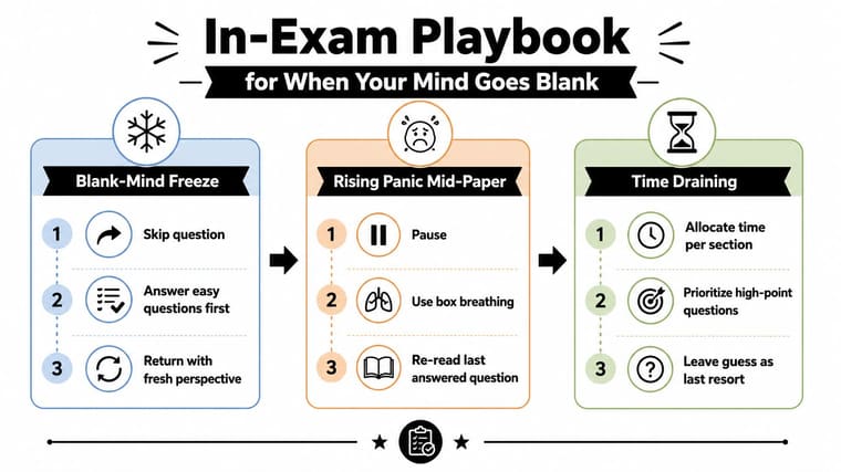 A diagram titled In-Exam Playbook providing tips to manage panic, blank mind, and time during an exam.