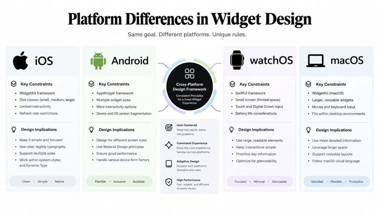A diagram comparing widget design principles and key constraints across iOS, Android, watchOS, and macOS platforms.