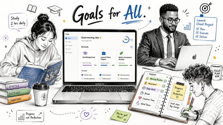 A digital illustration showing three people using goal setting apps on a laptop and notebook.