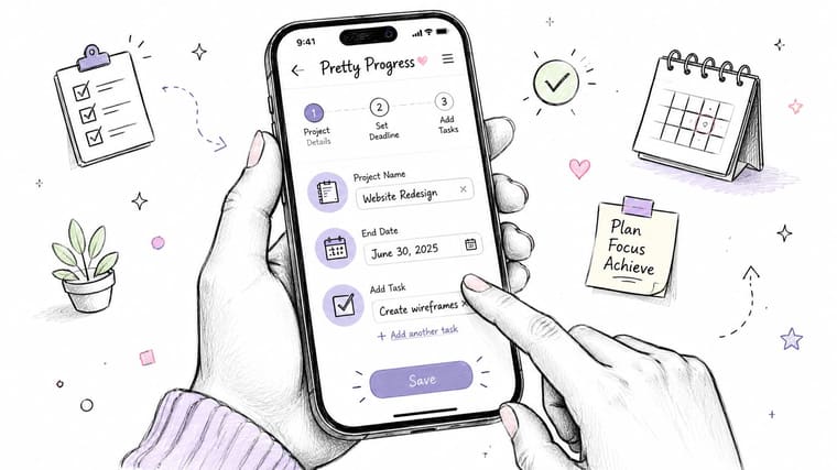 A hand holding a smartphone displaying a project management app interface with task and deadline tracking.