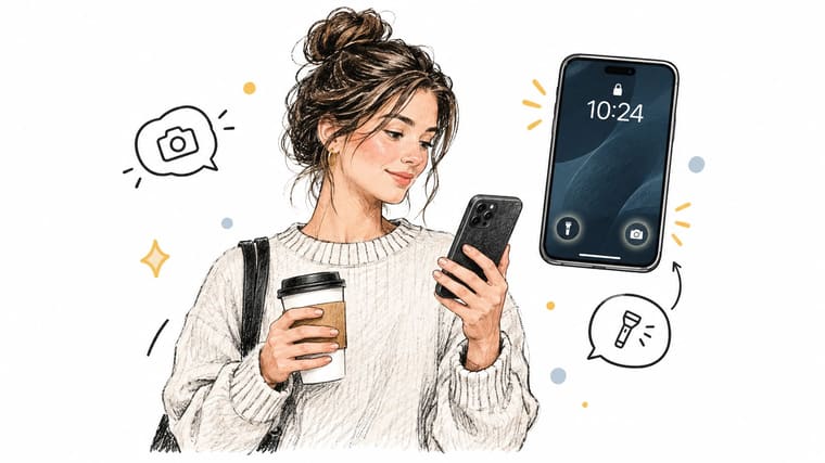 A sketched woman holding a coffee cup and looking at her smartphone with lock screen icons shown.