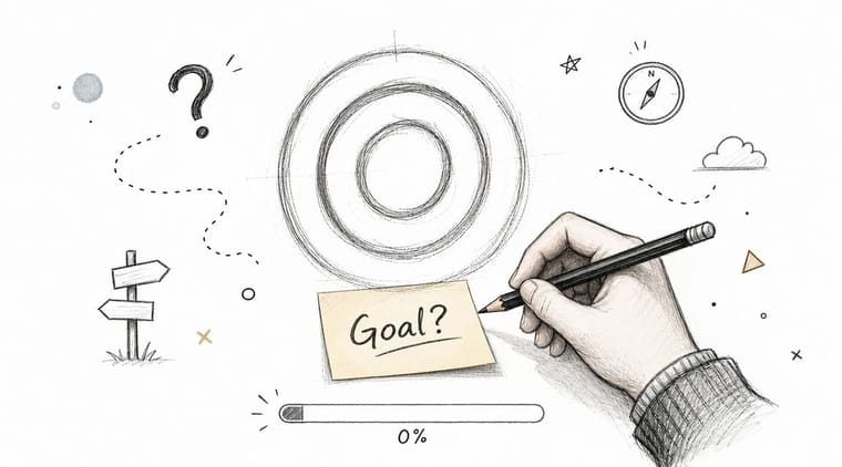 A hand drawing with a pencil on a sticky note labeled Goal with a target symbol nearby.