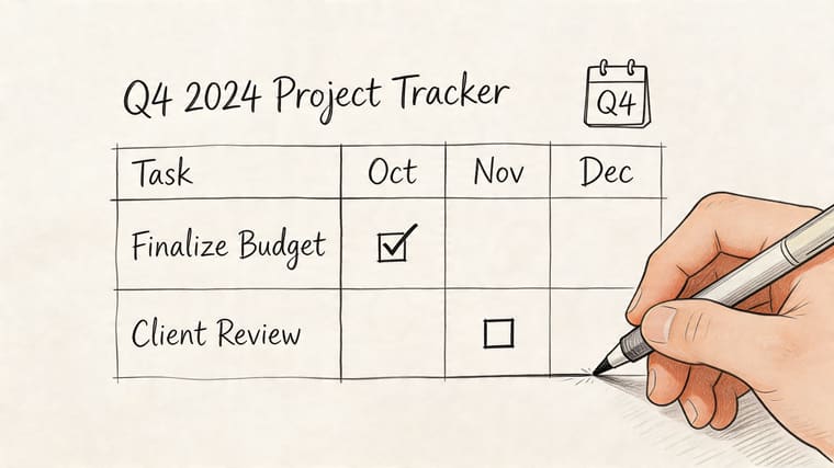 A hand-drawn Q4 2024 project tracker table with tasks, checkbox symbols, and a hand holding a pen.