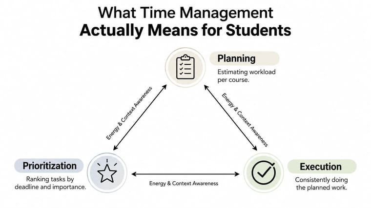 A diagram illustrating time management for students through the cycle of planning, prioritization, and execution.