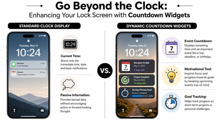 A comparison infographic showing a standard iPhone lock screen versus one customized with dynamic countdown widgets.