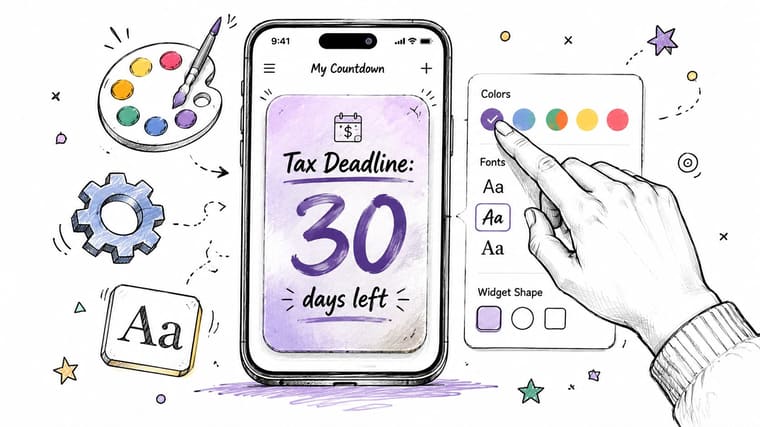 A hand selecting a color for a tax deadline countdown mobile widget app interface illustration.