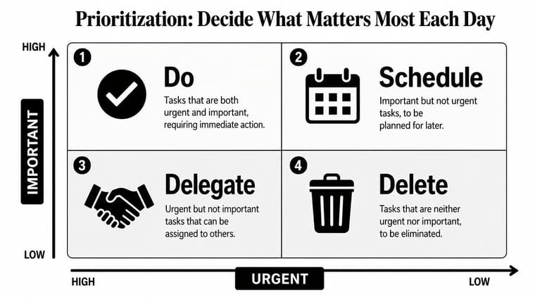 A 2x2 Eisenhower Matrix chart illustrating four strategies to prioritize tasks: Do, Schedule, Delegate, and Delete.