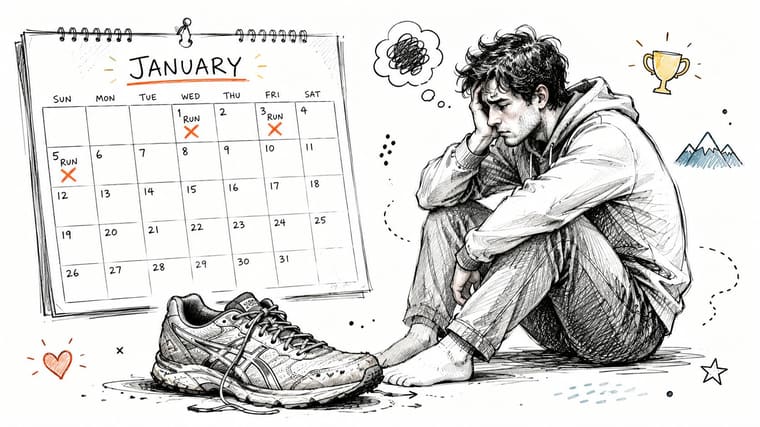 A discouraged man sits by a January calendar with missed run dates marked by red X symbols.