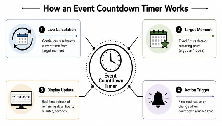 A diagram illustrating how an event countdown timer works through four key steps, featuring icons and descriptive text.
