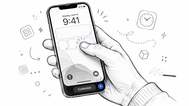 A hand holding a smartphone showing an iOS lock screen interface being customized with interactive widgets.