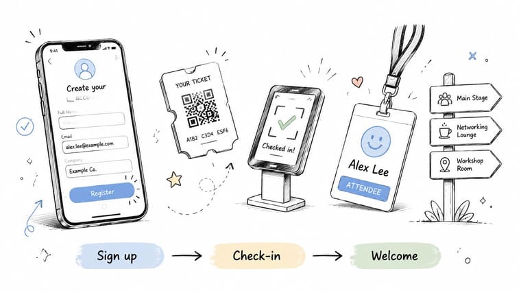 A hand-drawn illustration showing the event attendee journey from mobile registration to check-in and onsite welcome.