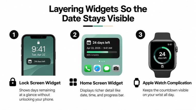A visual guide showing countdown widgets for the lock screen, home screen, and Apple Watch.