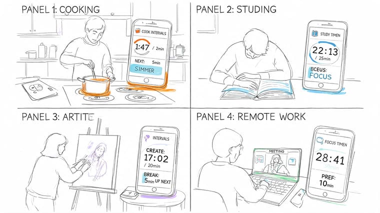 A four-panel illustration showing a person using a timer interval app for cooking, studying, painting, and working.