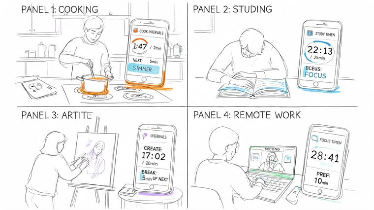 A four-panel illustration showing a person using a timer interval app for cooking, studying, painting, and working.