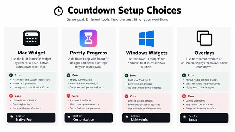 A comparison chart showing four different options for setting up a countdown on your computer desktop.