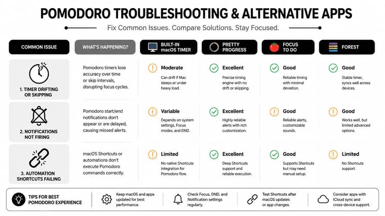 A comparison table for Mac Pomodoro timer apps addressing common issues like timer drifting and notification delays.