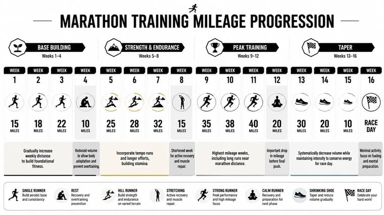 A 16-week marathon training mileage progression chart showing phases for building fitness, stamina, peak performance, and tapering.